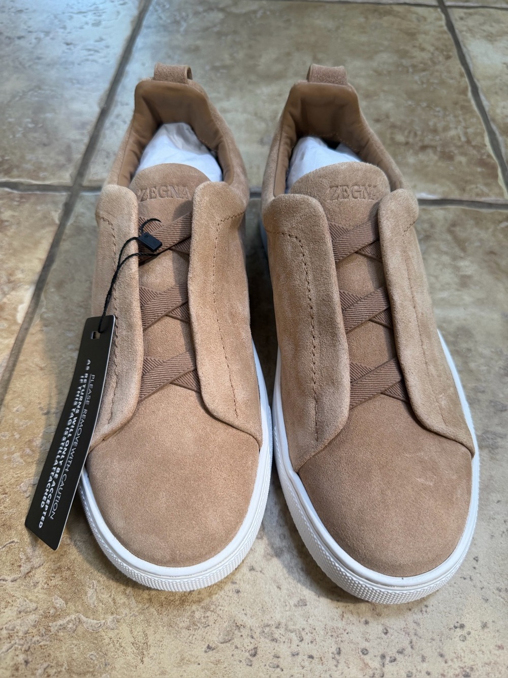 Zegna Triple Stitch Suede Sneakers Tan EU 40 US 7.5 Made in Italy NWT